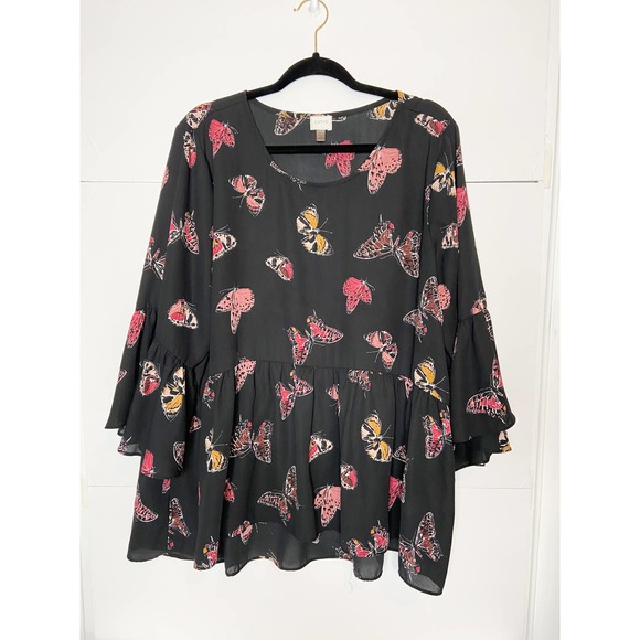 Cupio black butterfly print blouse, black sheer blouse, butterfly print blouse - Picture 1 of 8